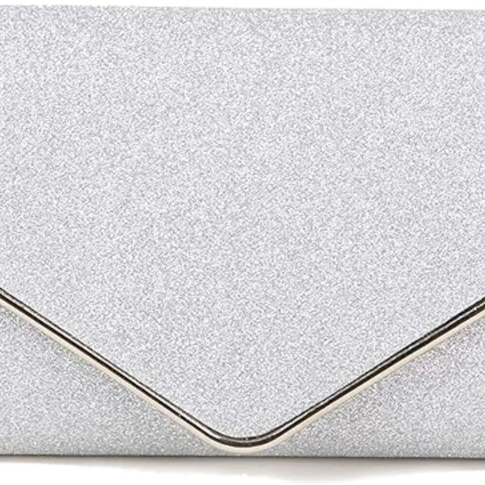 𝅺CLUTCH Sparkling Envelope Silver Textured Handbag Shoulder Chain NIB - Picture 11 of 14